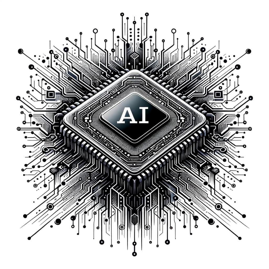 An intricate black and white illustration of an AI chip in a futuristic style, with numerous lines and abstract shapes emanating from it\ to signify it