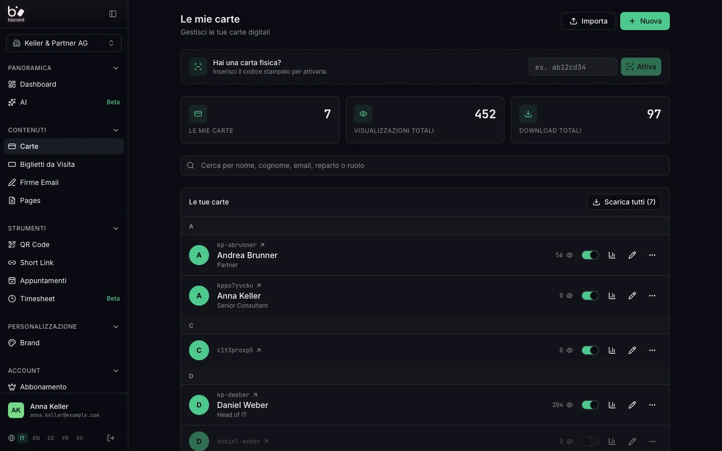 Liste der digitalen Karten eines Teams in bizCARD