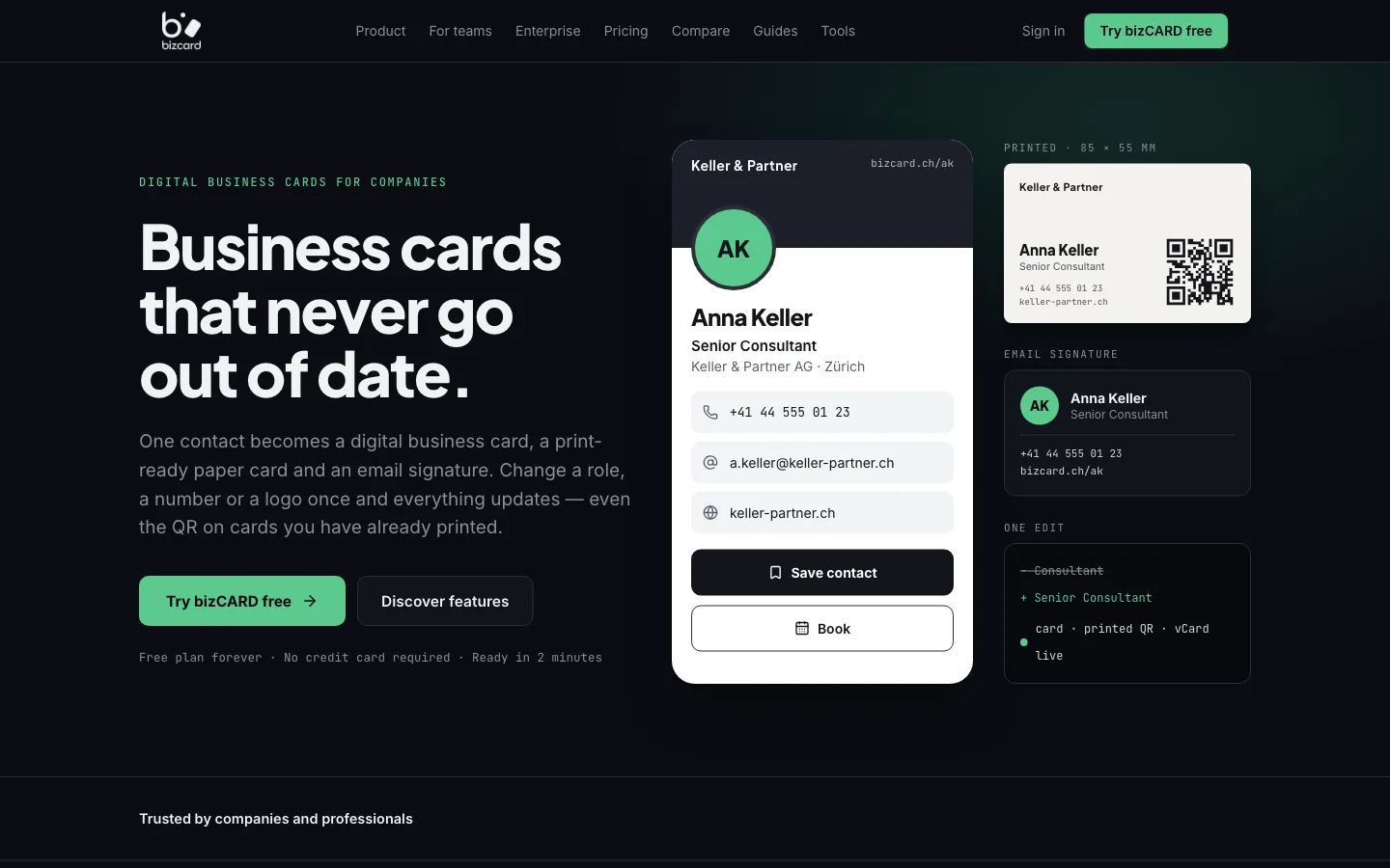 Homepage di bizCARD con anteprima del biglietto digitale