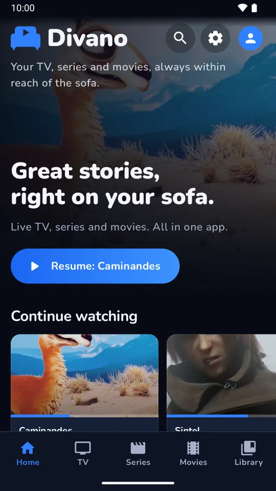 Der Startbildschirm von Divano auf dem Smartphone, mit «Continue watching»