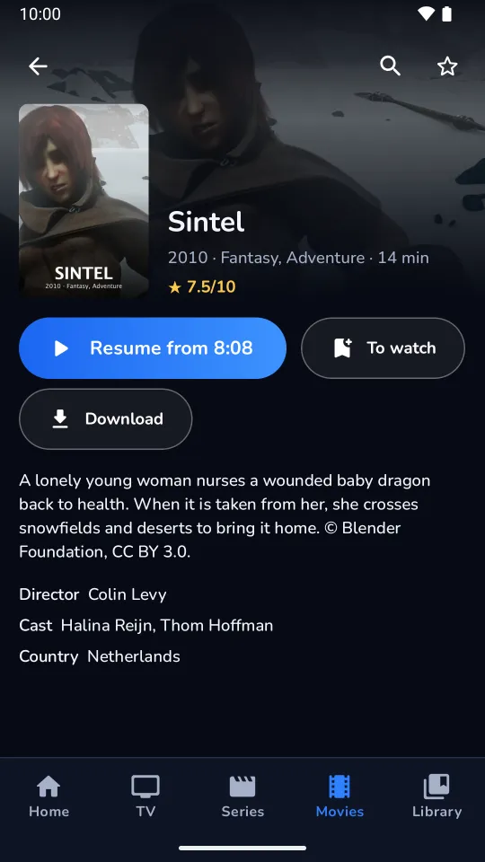 Die Seite des Films Sintel auf dem Smartphone