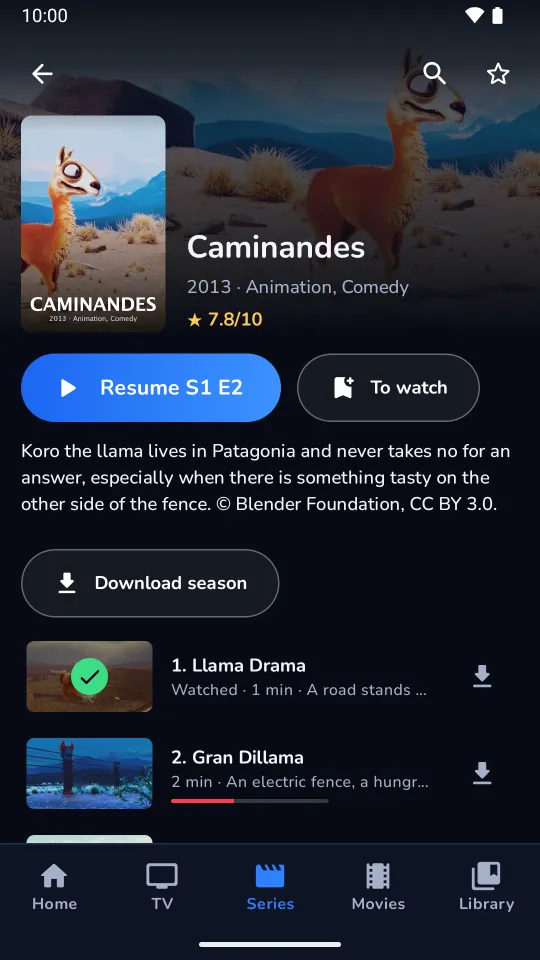 Die Seite der Serie Caminandes auf dem Smartphone, mit den Episoden