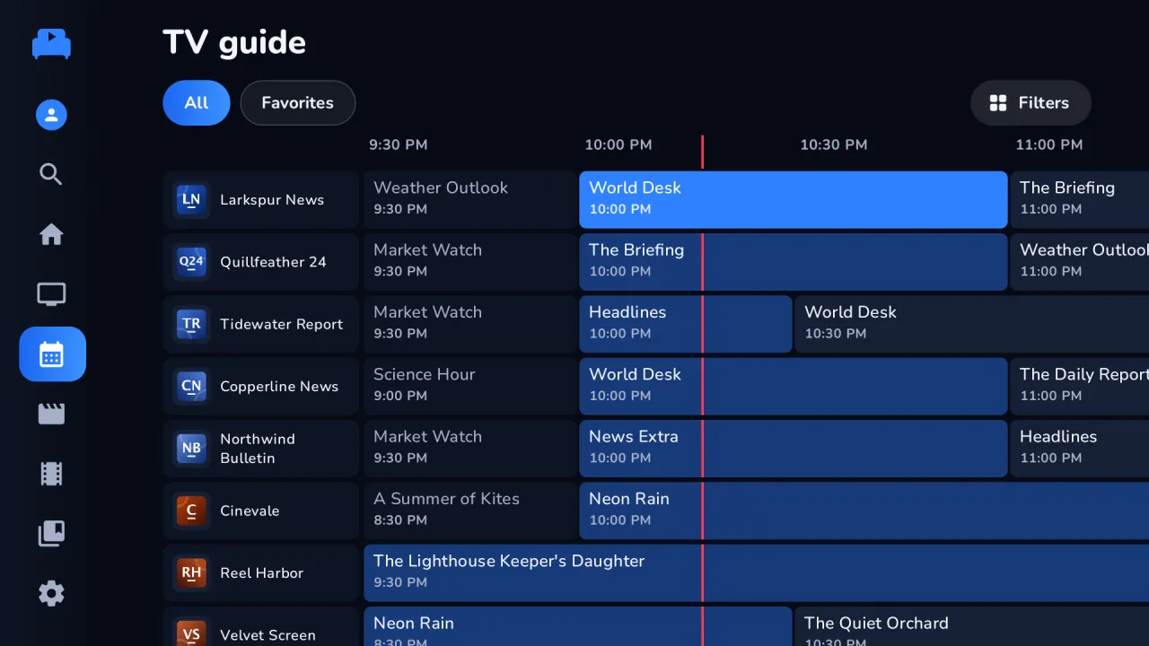 Das Raster-TV-Programm auf dem Fernseher, mit den Sendungen jedes Kanals nach Uhrzeit