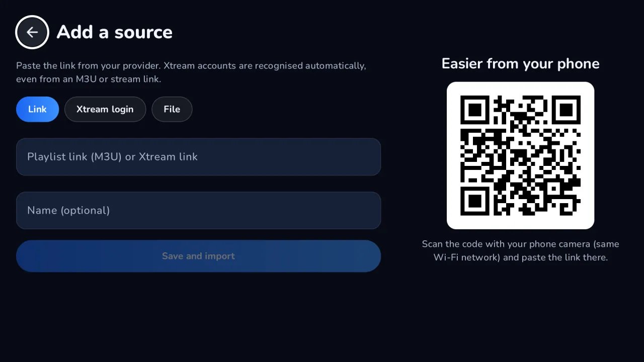 Der Bildschirm «Add a source» auf dem Fernseher, mit dem QR-Code zum Scannen mit dem Smartphone