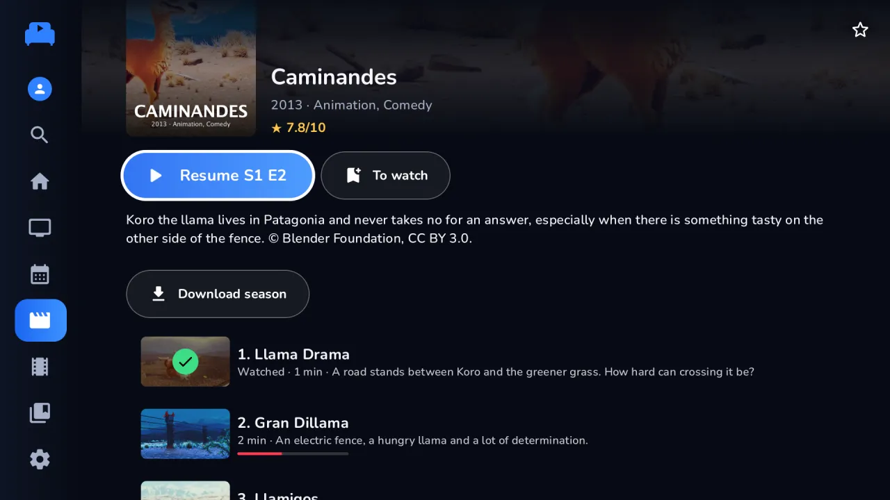 Die Seite der Serie Caminandes auf dem Fernseher, mit gesehenen und ungesehenen Episoden