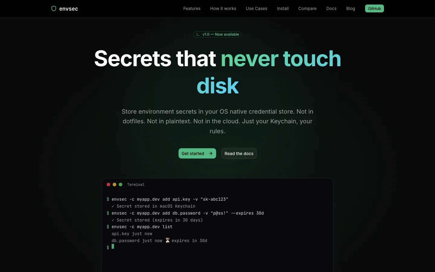 Homepage di envsec con esempio di utilizzo da terminale
