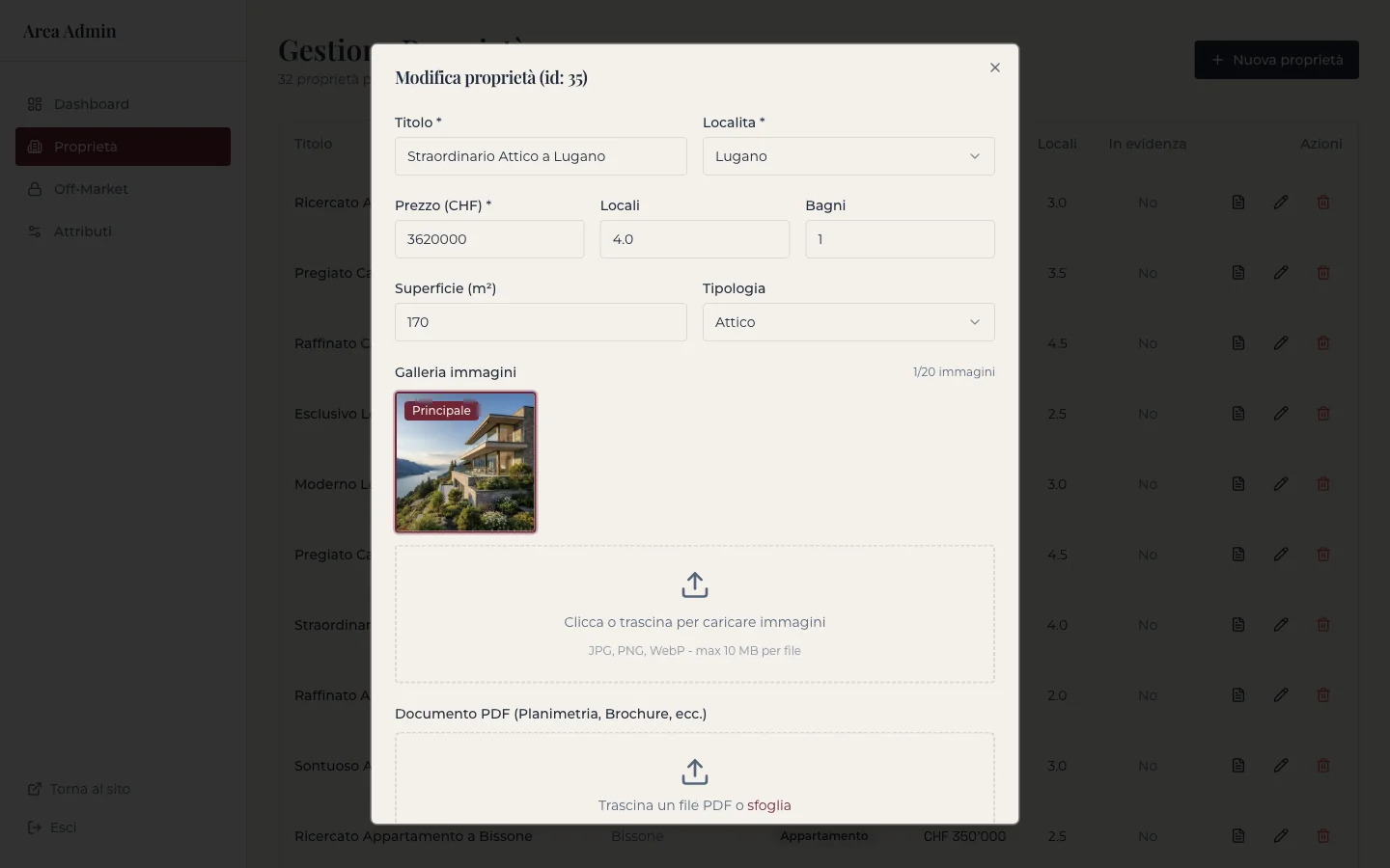 Property edit form with image gallery and PDF documents