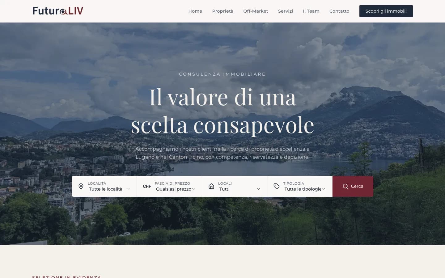 Homepage di futuraliv.ch con ricerca immobili