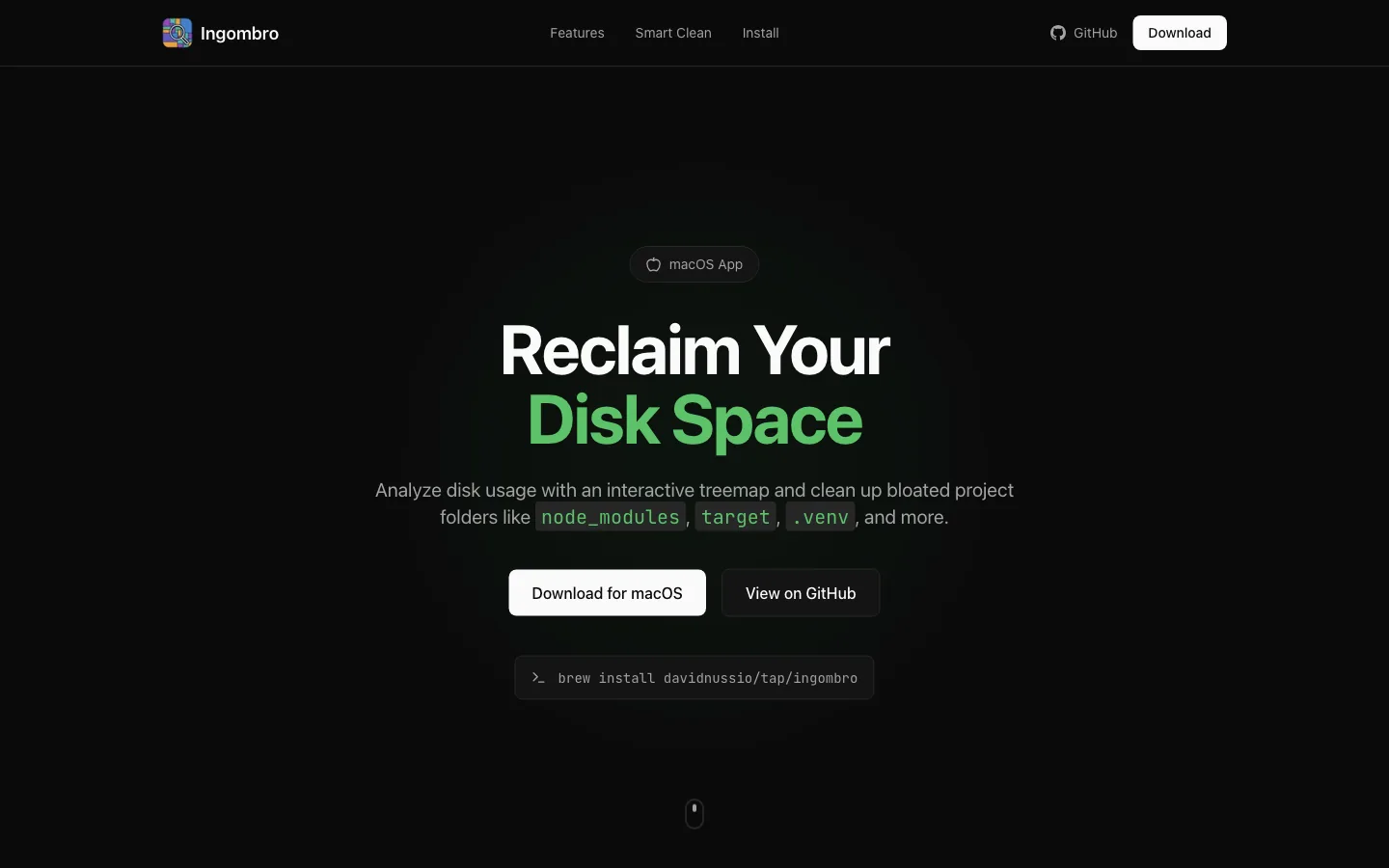 Homepage di Ingombro, disk space analyzer per macOS