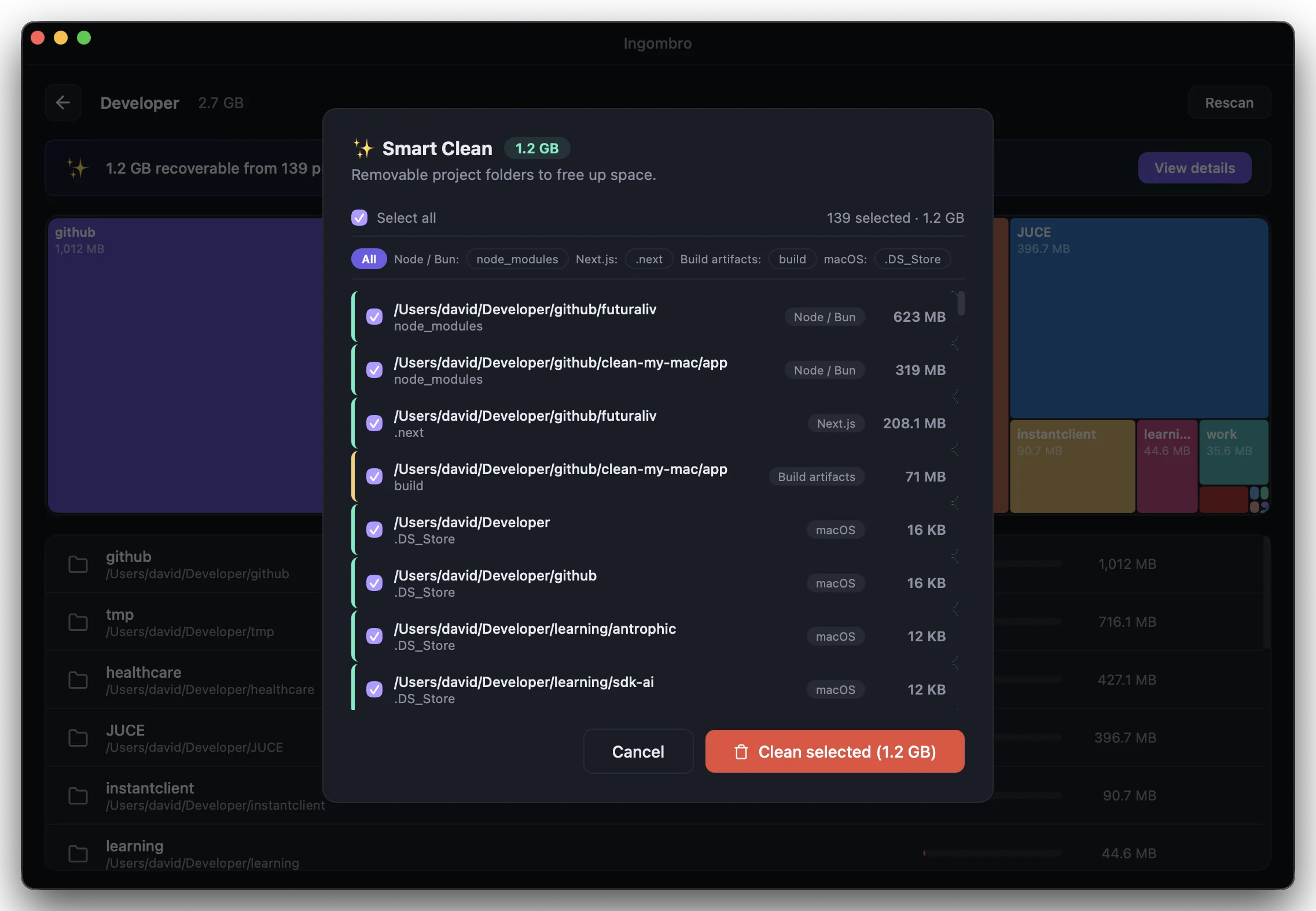 Ingombro's Smart Clean: node_modules, .next and build folders to remove