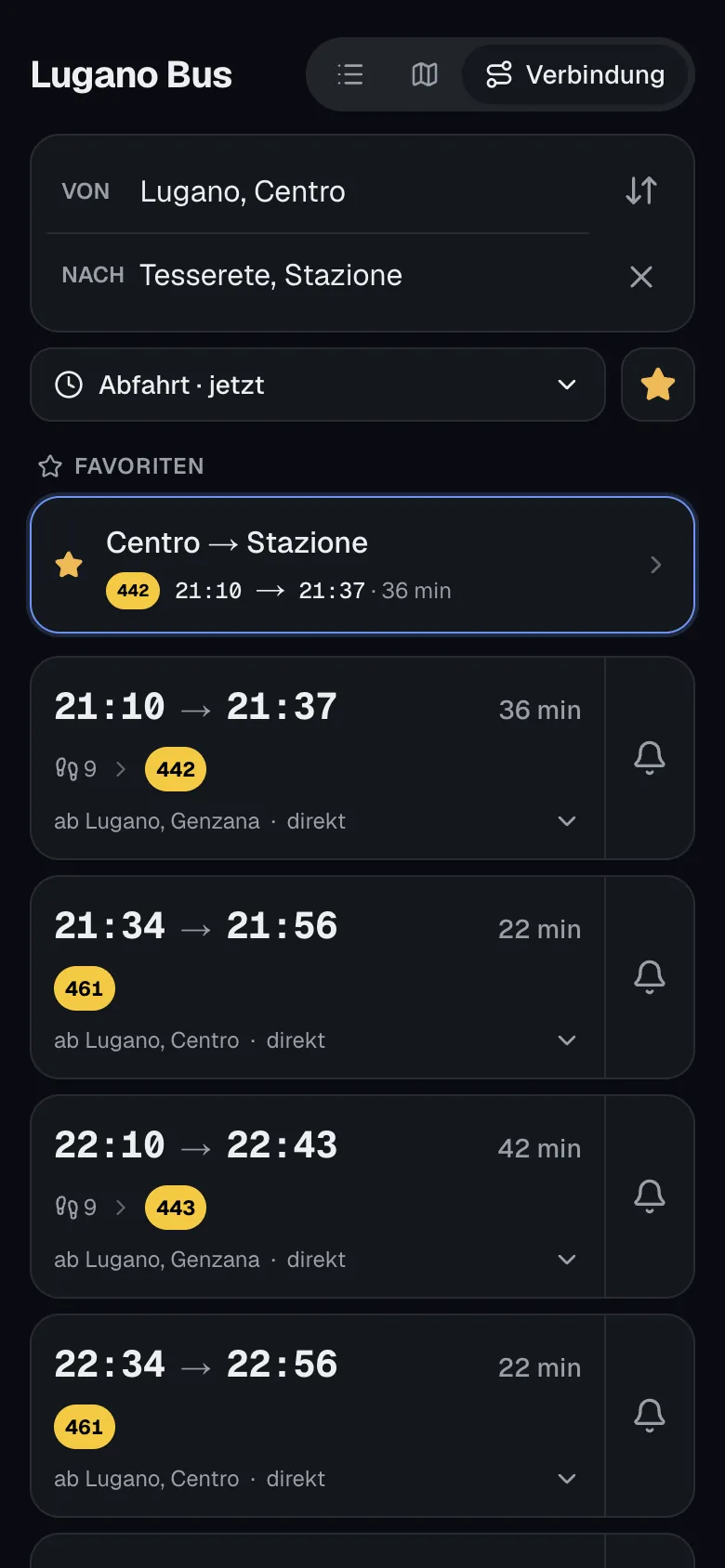 Verbindung von Lugano Centro nach Tesserete mit den nächsten Verbindungen und einer favorisierten Verbindung