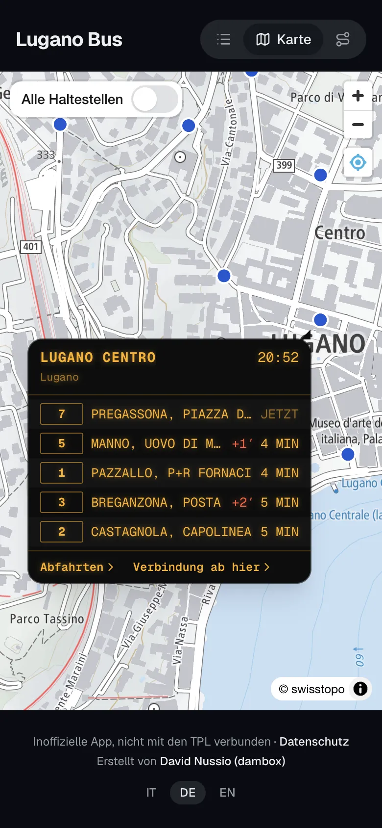 Karte der TPL-Haltestellen mit der Abfahrtstafel von Lugano Centro