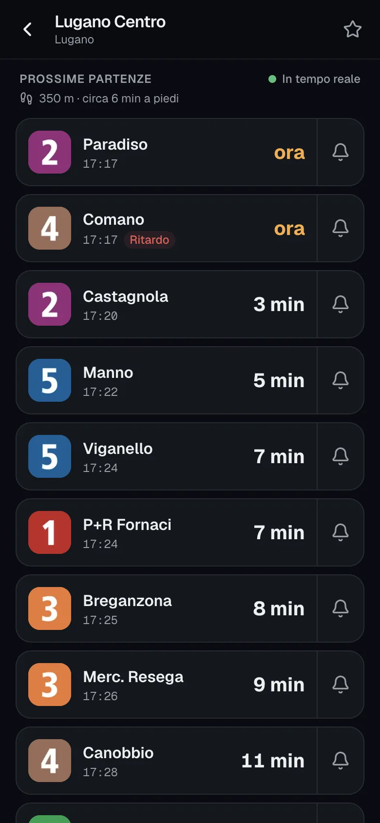 Prossime partenze in tempo reale alla fermata Lugano Centro