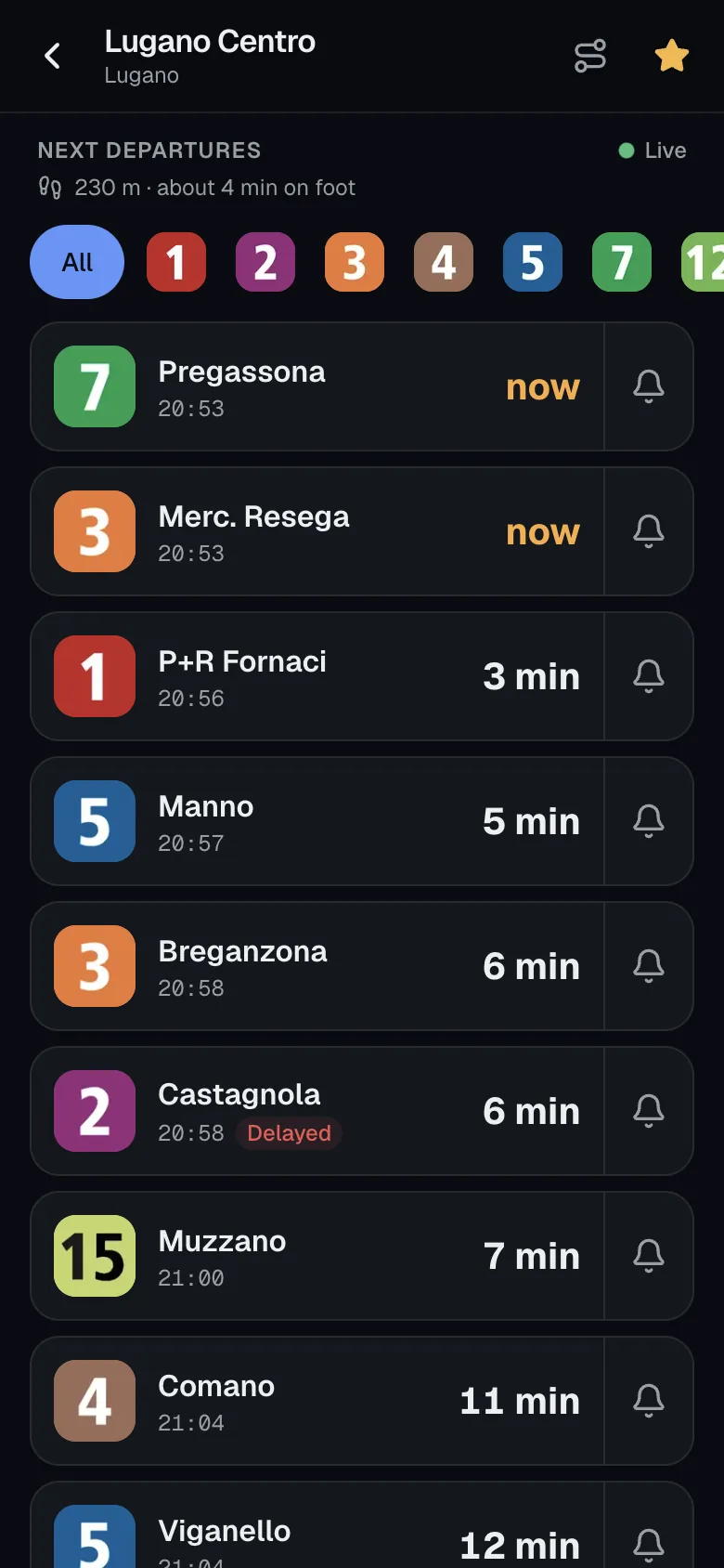 Next real-time departures at the Lugano Centro stop, filterable by line