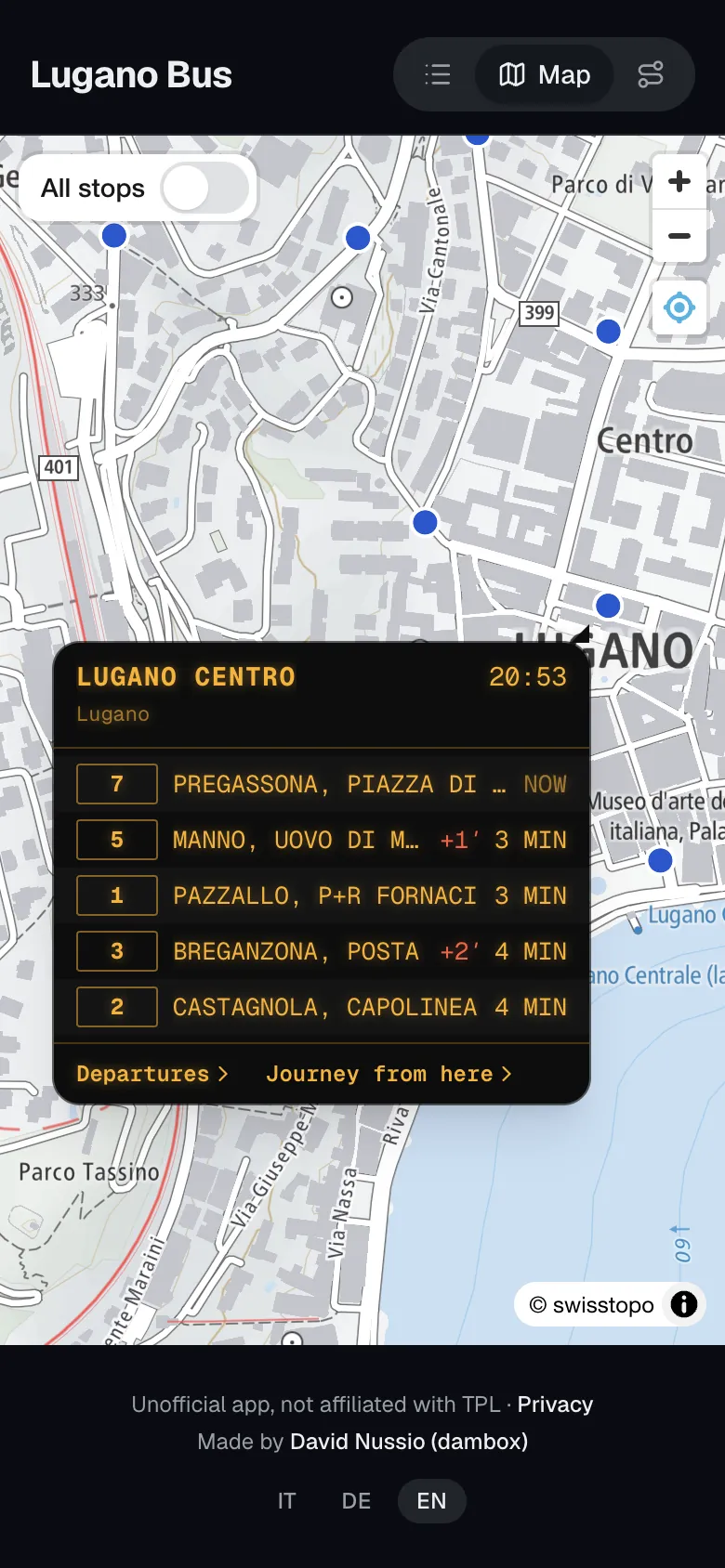 Map of TPL stops with the Lugano Centro departure board