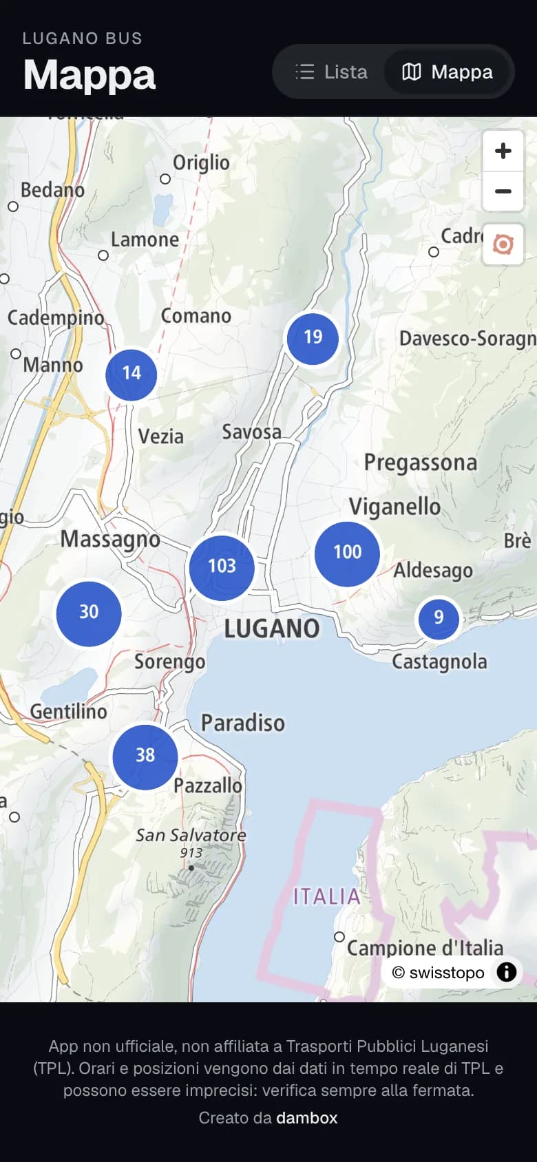 Mappa delle fermate TPL nell'area di Lugano