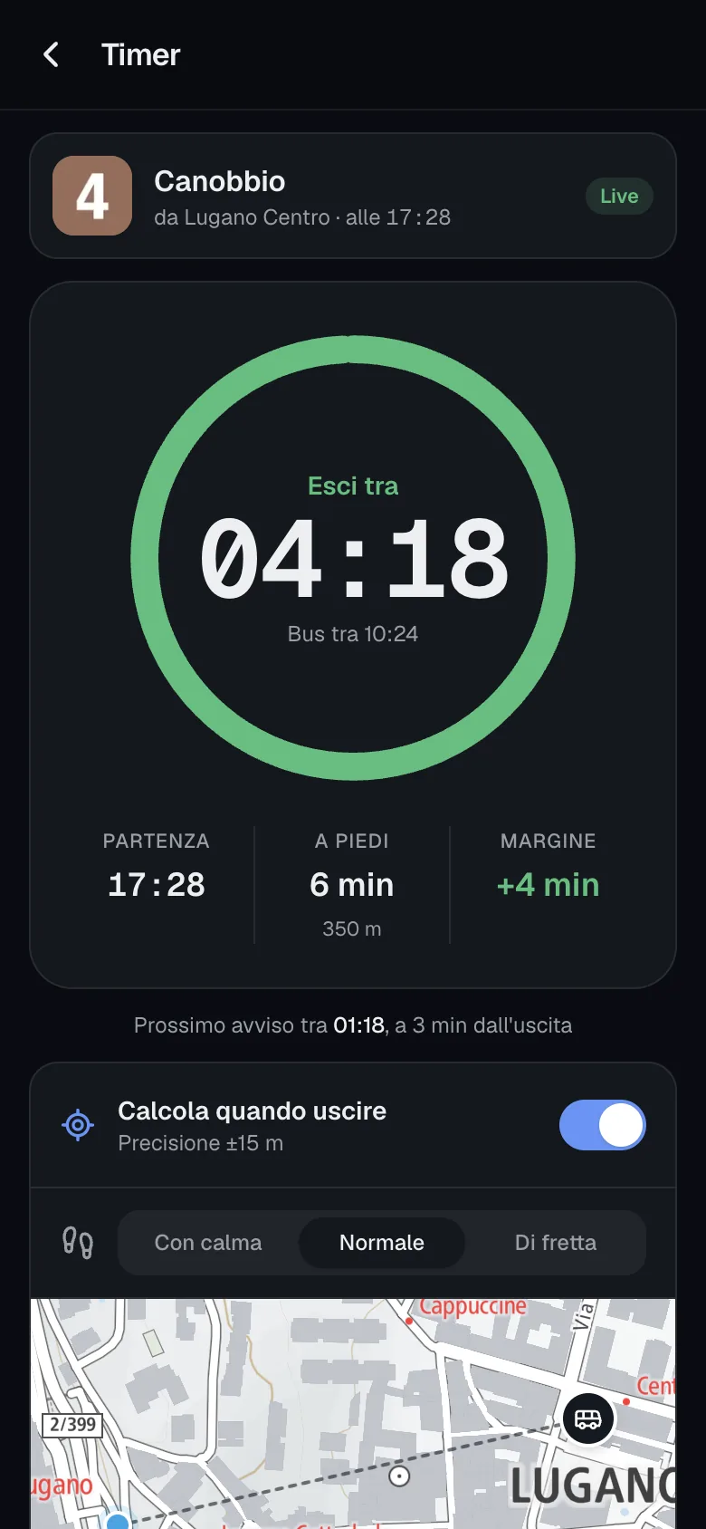 Timer di Lugano Bus: quando uscire per prendere il bus, calcolato dalla distanza GPS