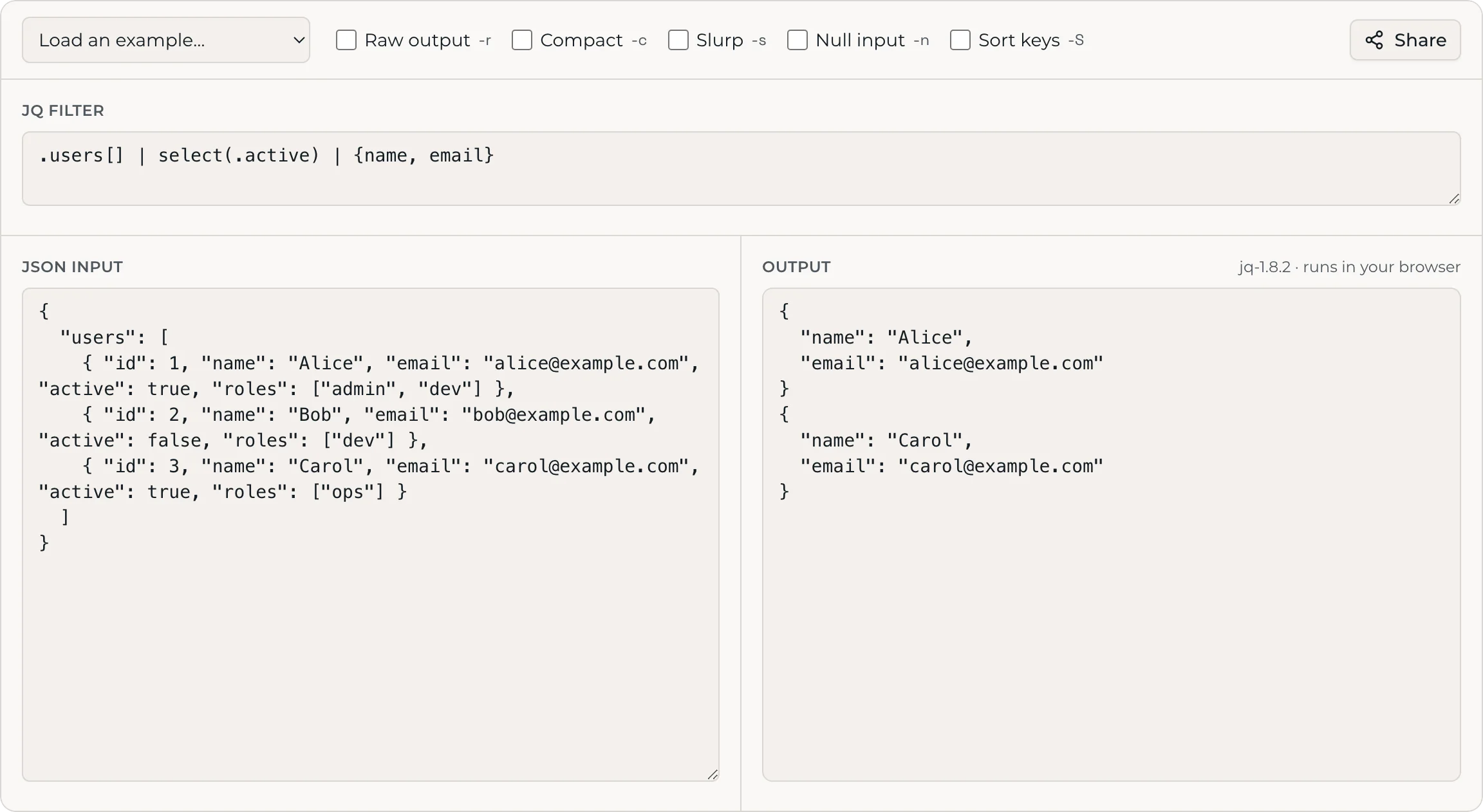 Online-jq-Playground: jq-Filter, JSON-Eingabe und Ausgabe im Browser